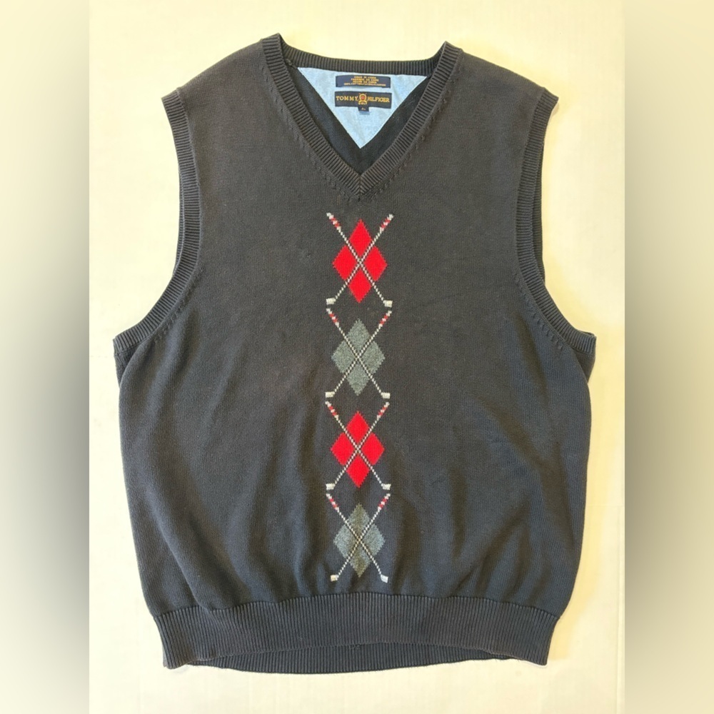Tommy Hilfiger black v-neck pullover sweater vest argyle golf preppy size Large